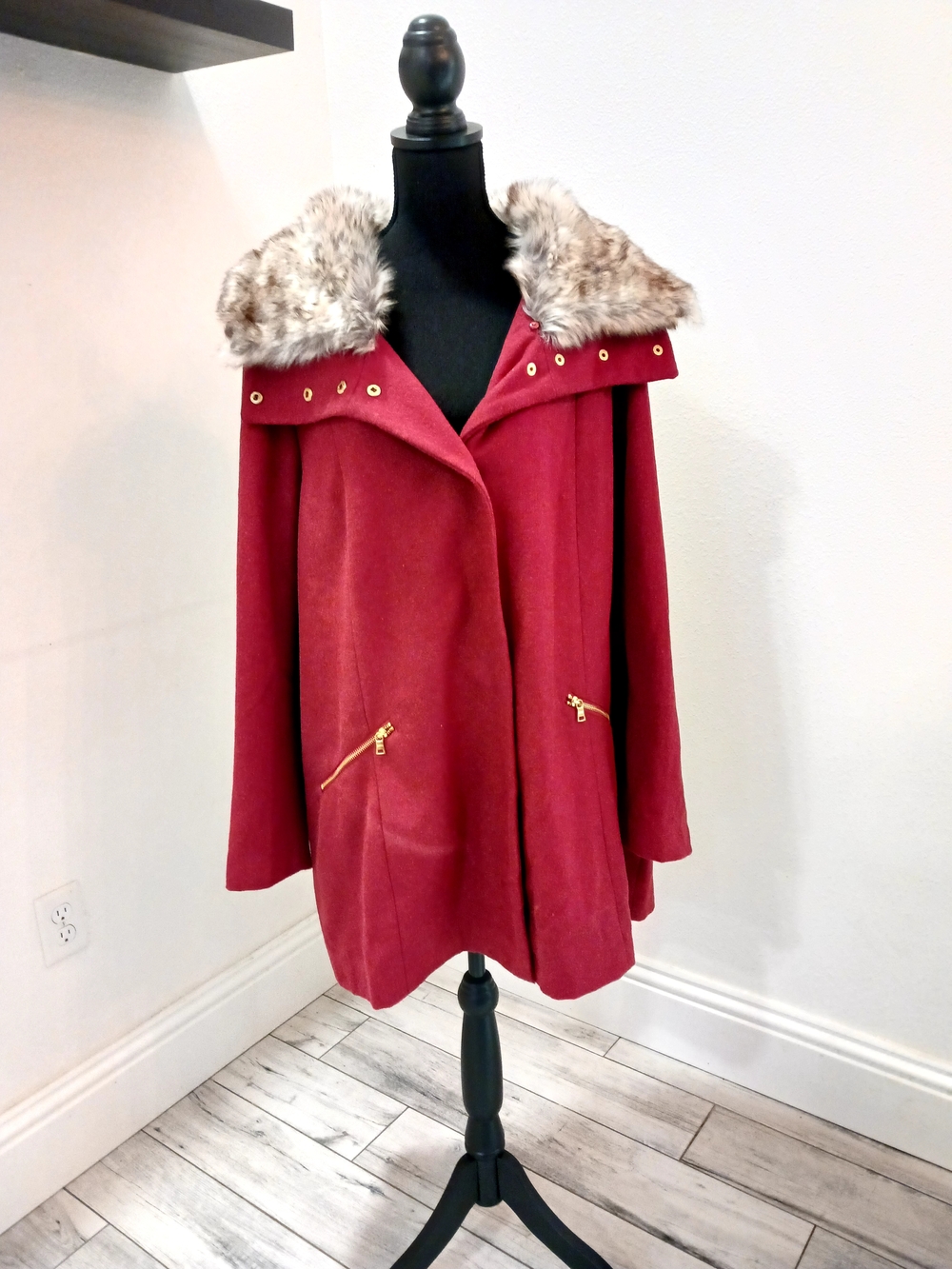 Avenue Rust Color Wool Pea Coat with Faux Fur Collar